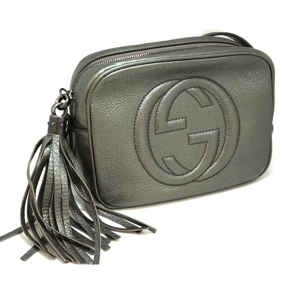 GUCCI Soho Shoulder Bag Moss Green Metallic Leather Fringe Bag - Picture 1 of 13